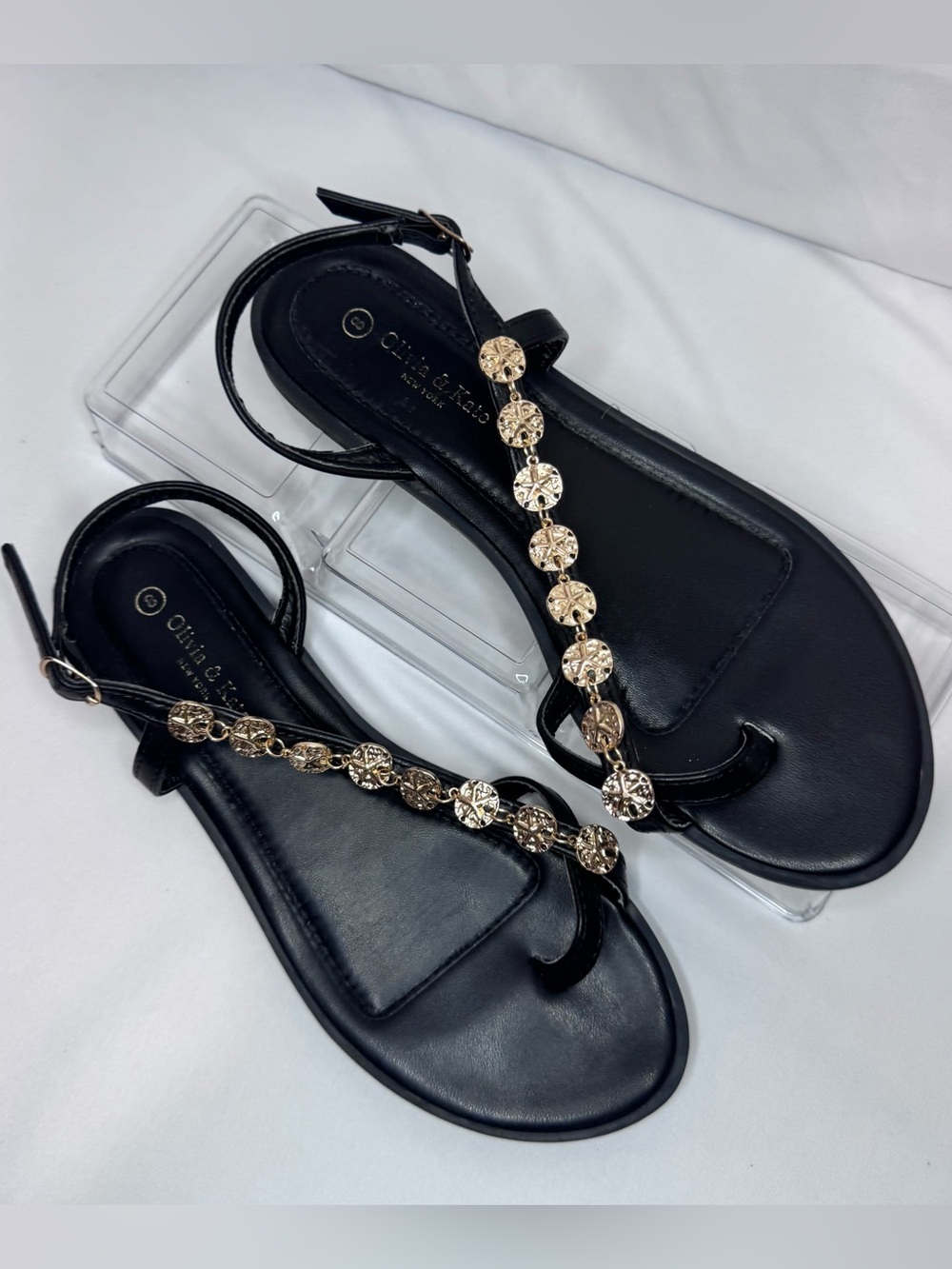 Olivia & Kate NY Coin Embellished Flat Thong Sandals Black